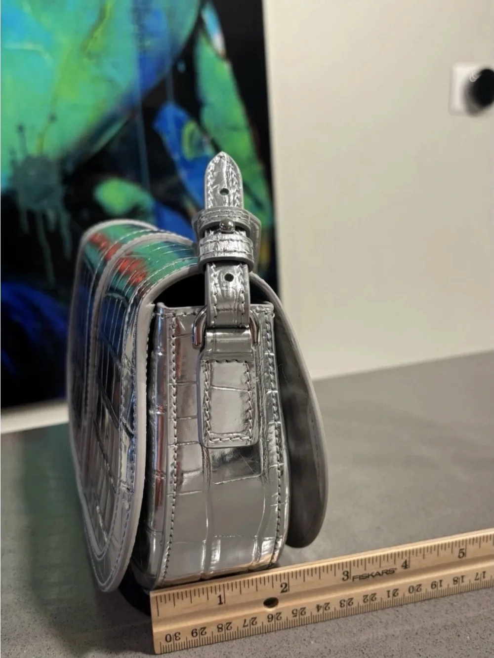 Versace Silver Croc-Embossed Crossbody Saddle Bag
